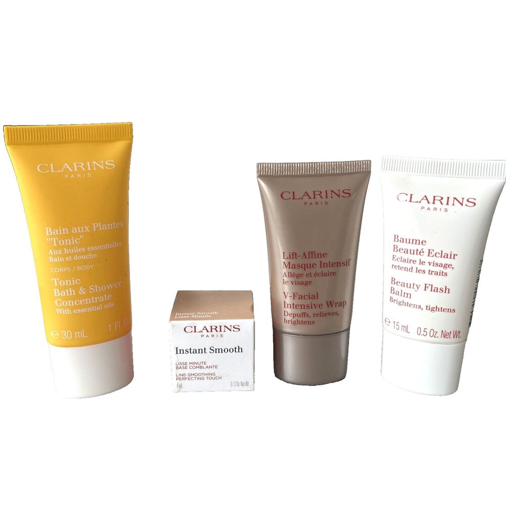 CLARINS PARIS LOT 4 Beauty Flash Balm,V-Facial Wrap,Instant Smooth, Tonic Shower